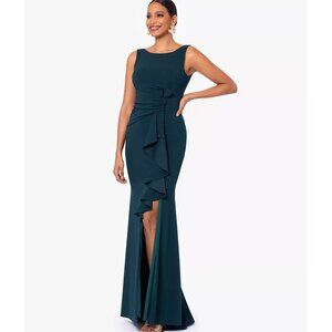 Betsy & Adam Christine Scuba Crepe Ruffled Bow Gown 14P NWT.